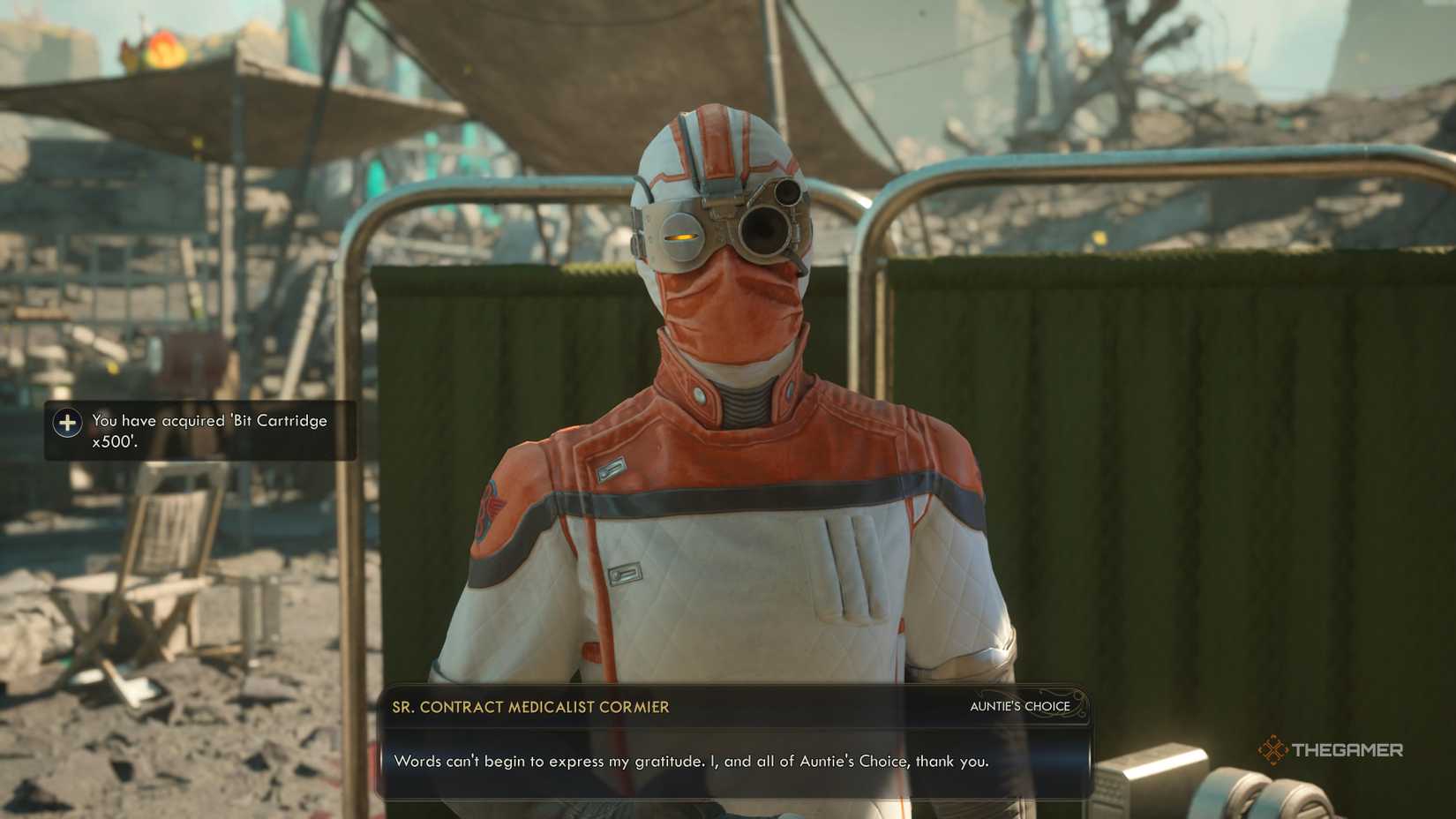An Auntie's Choice medic thanking you for collecting compression coils in The Outer Worlds 2.