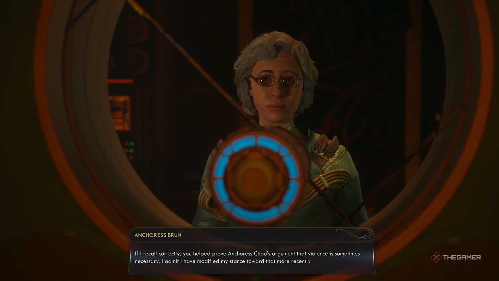 Anchoress Brun recalling you siding with Anchoress Chao in The Outer Worlds 2.