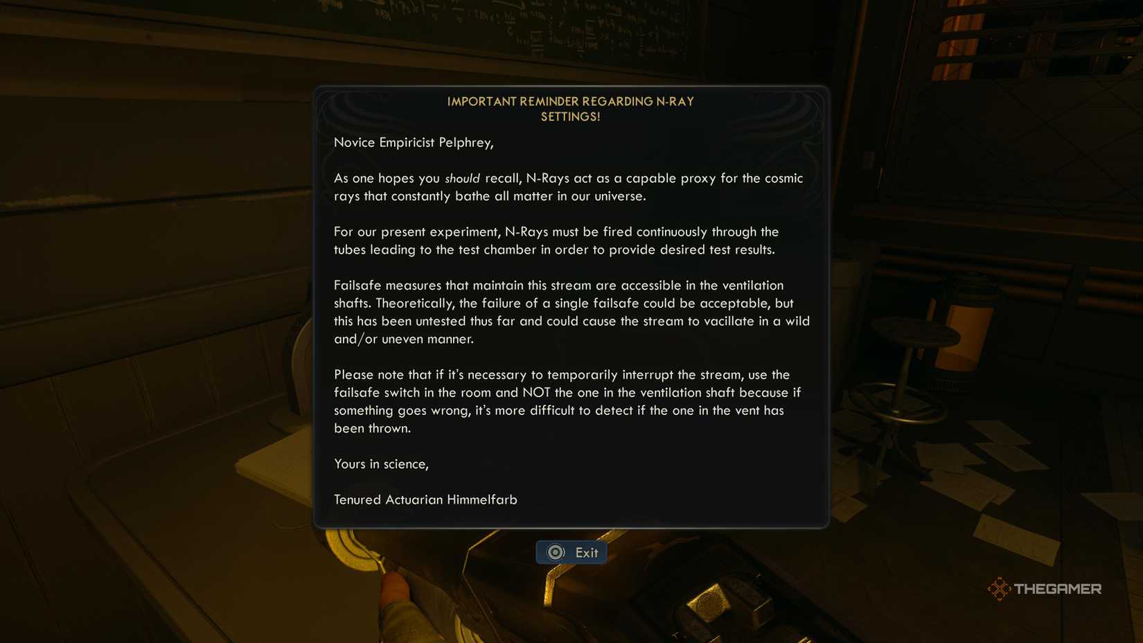 A description for the n-rays experiment in the outer worlds 2.