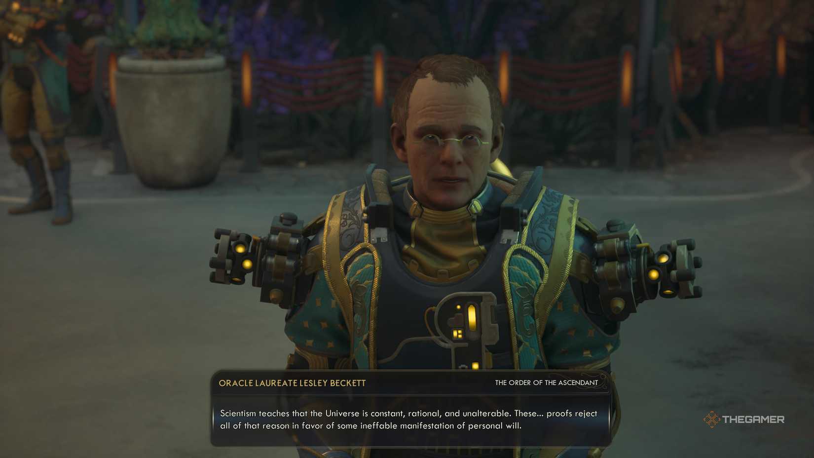 Talking to Beckett about the content of the chapel audio logs in The Outer Worlds 2.