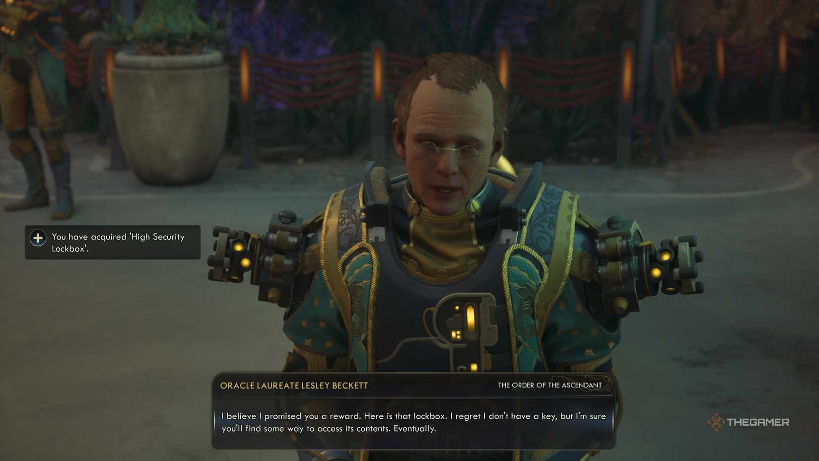 Beckett giving the player a high-security lockbox in The Outer Worlds 2.