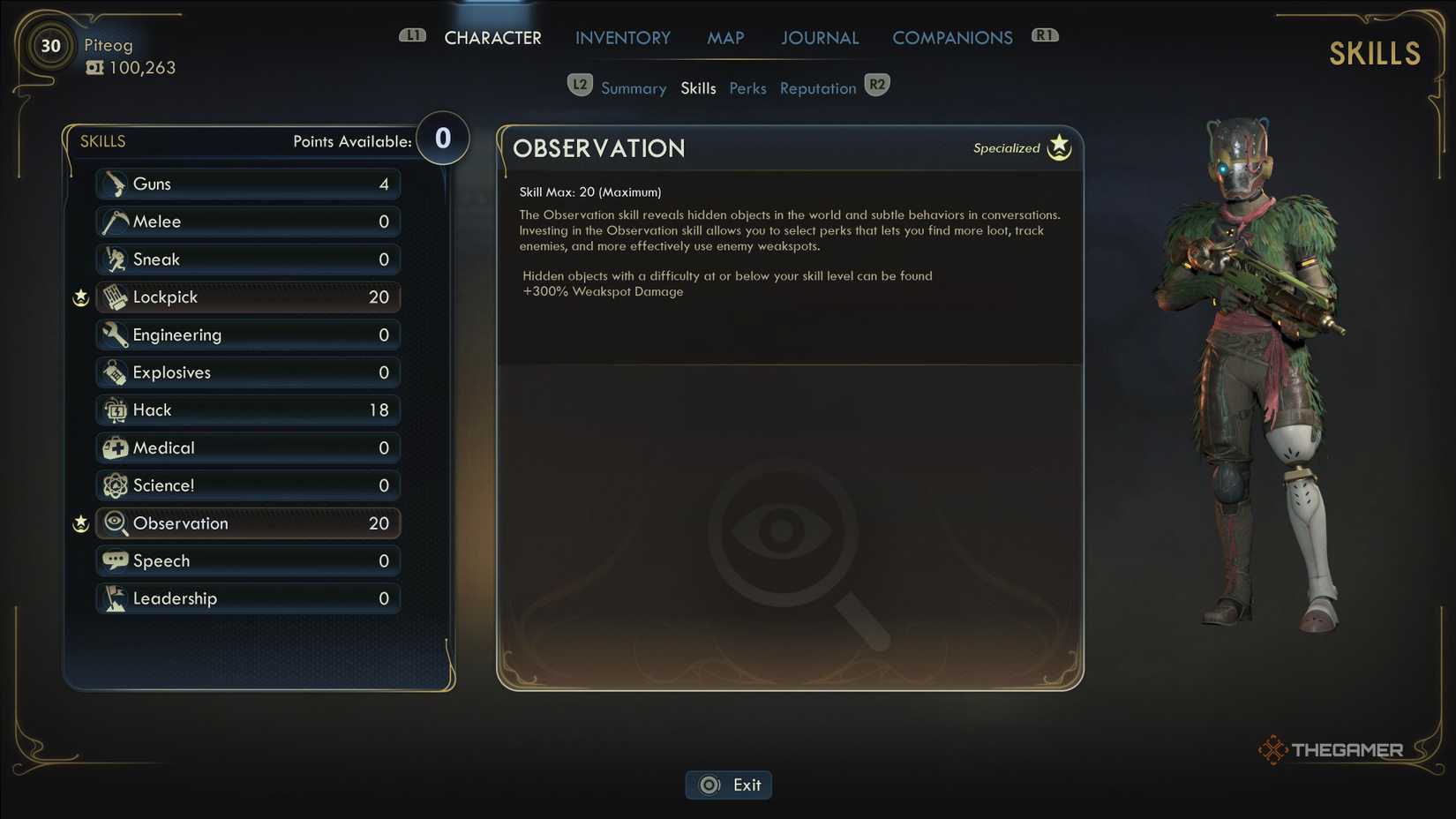 The maxed-out Observation skill that is specialised in The Outer Worlds 2.