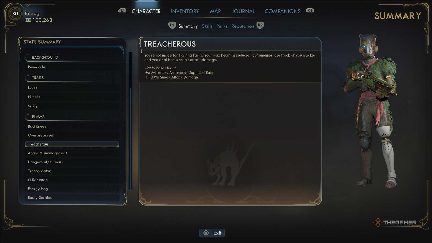 The list of accepted flaws on a character in the outer worlds 2.