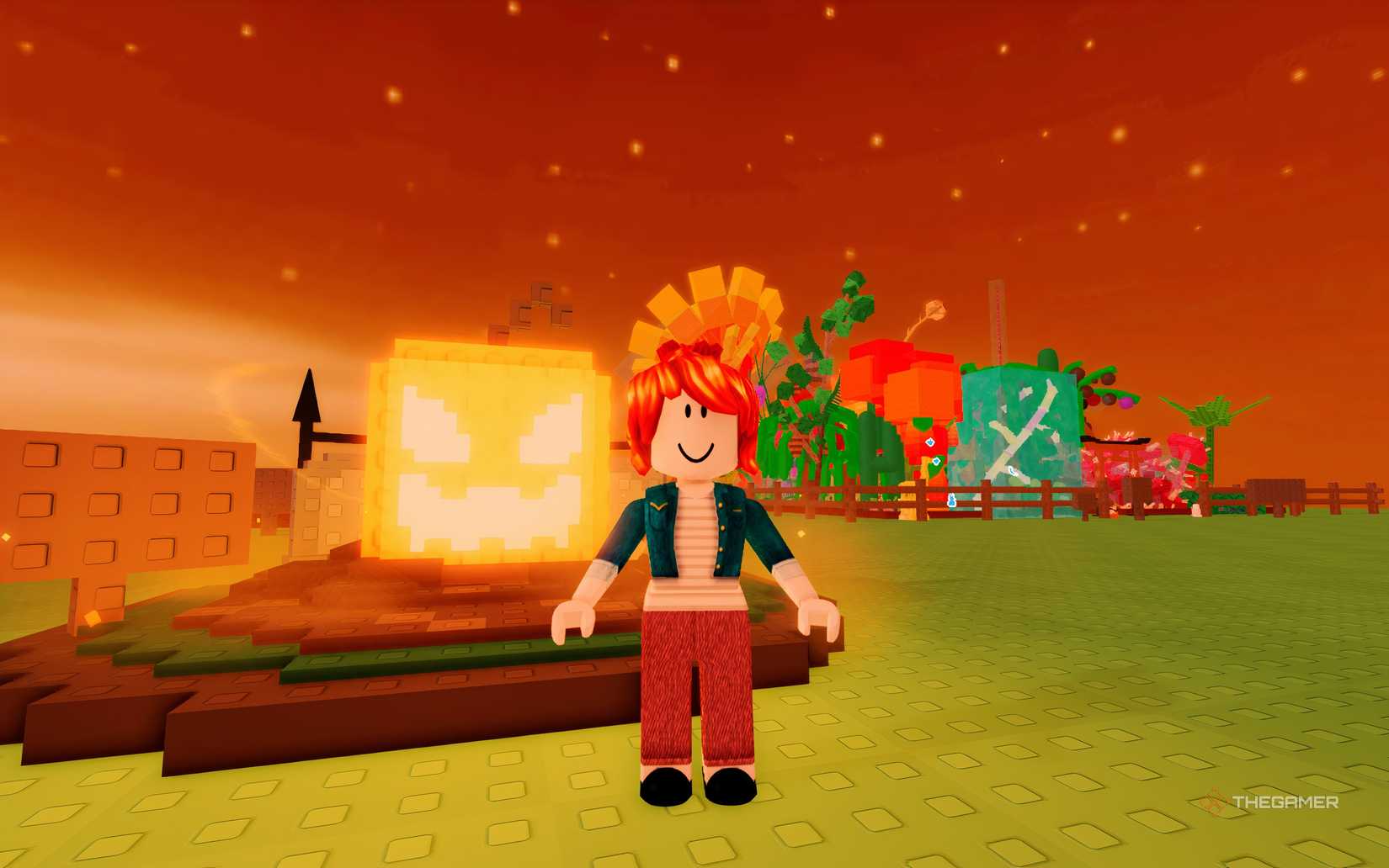 The player beside the Jack o lantern in Roblox Grow a Garden.
