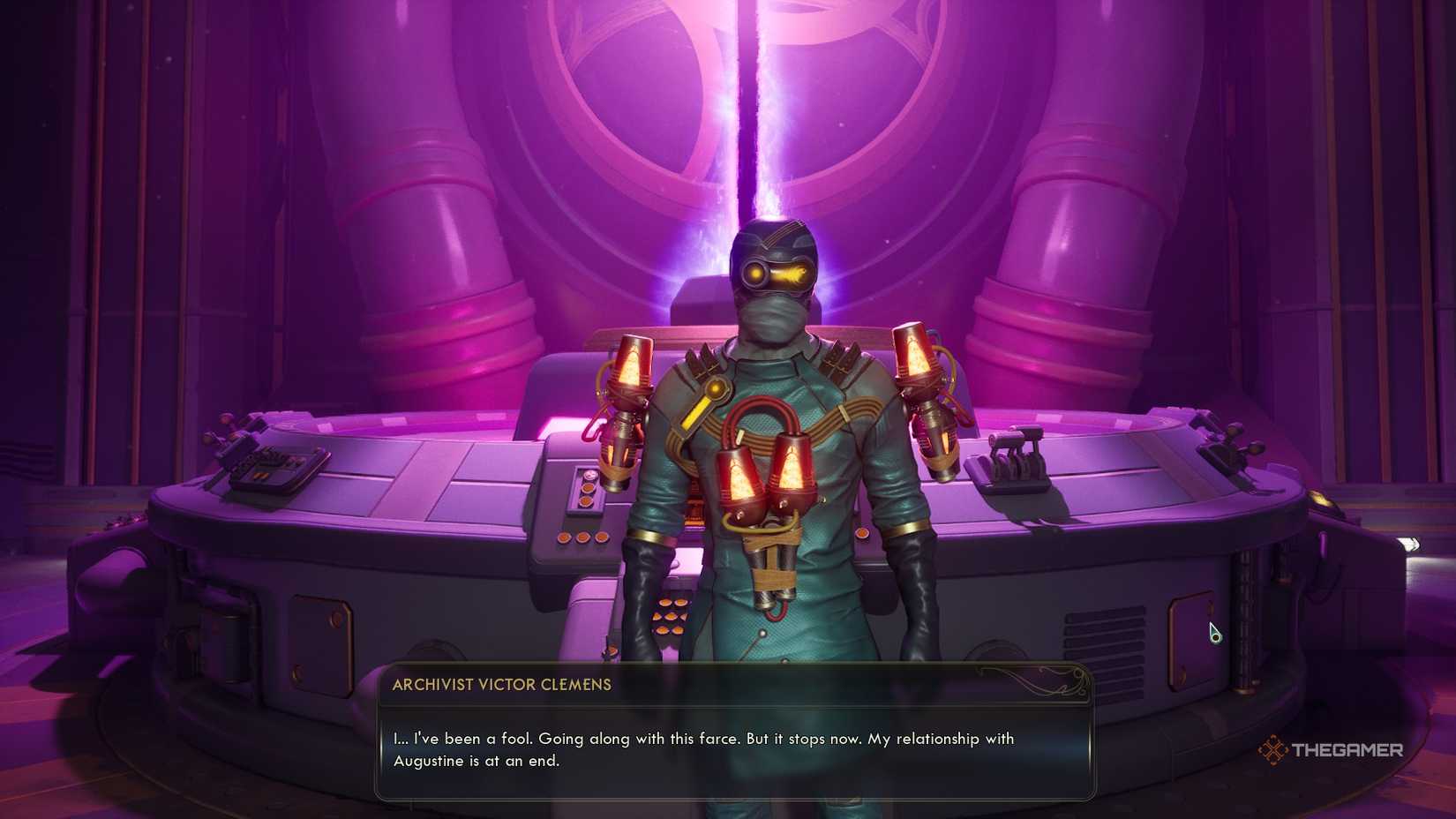 The player in The Outer Worlds 2 speaking with Victor Clemens, a scientist wearing full protective gear, and with bright red contraptions attatched to him
