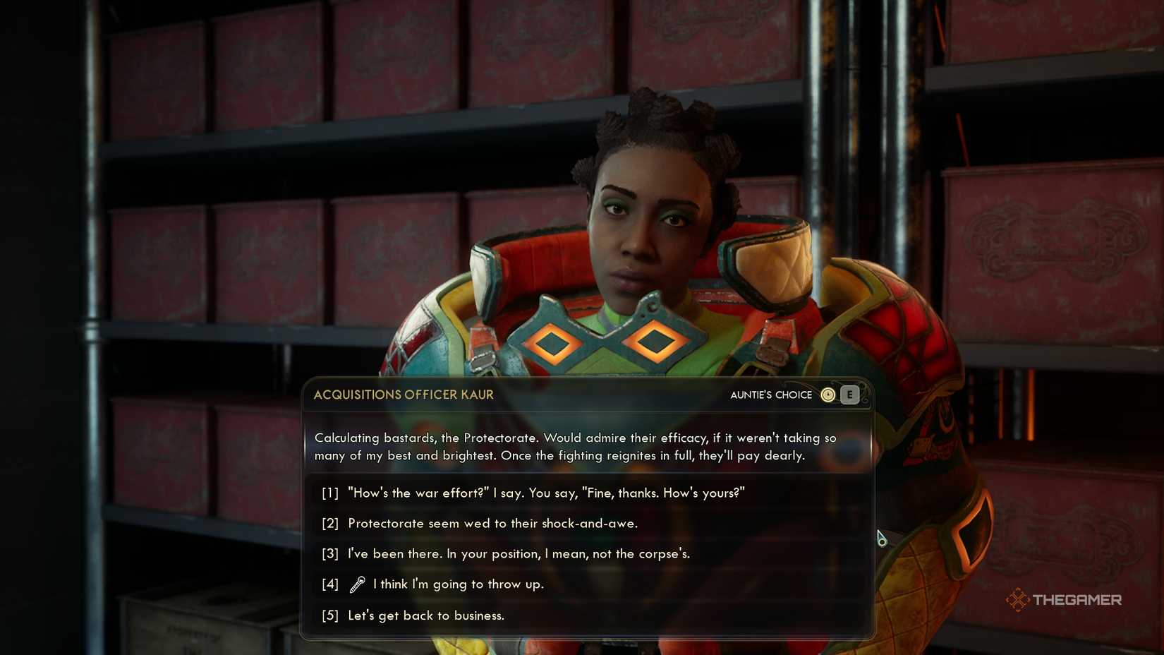 The player speaking to Acquisitions Officer Kaur in The Outer Worlds 2. She is wearing big colourful armour