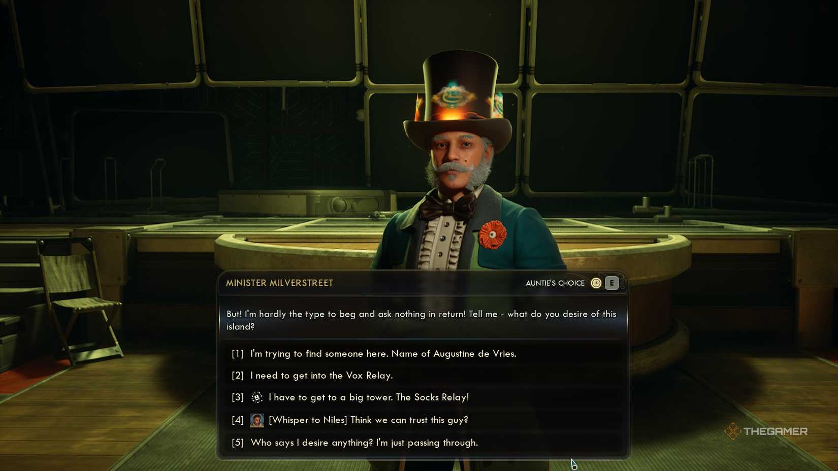 The player speaking to Minister Milverstreet in The Outer Worlds 2. Milverstreet is wearing a tall top hat