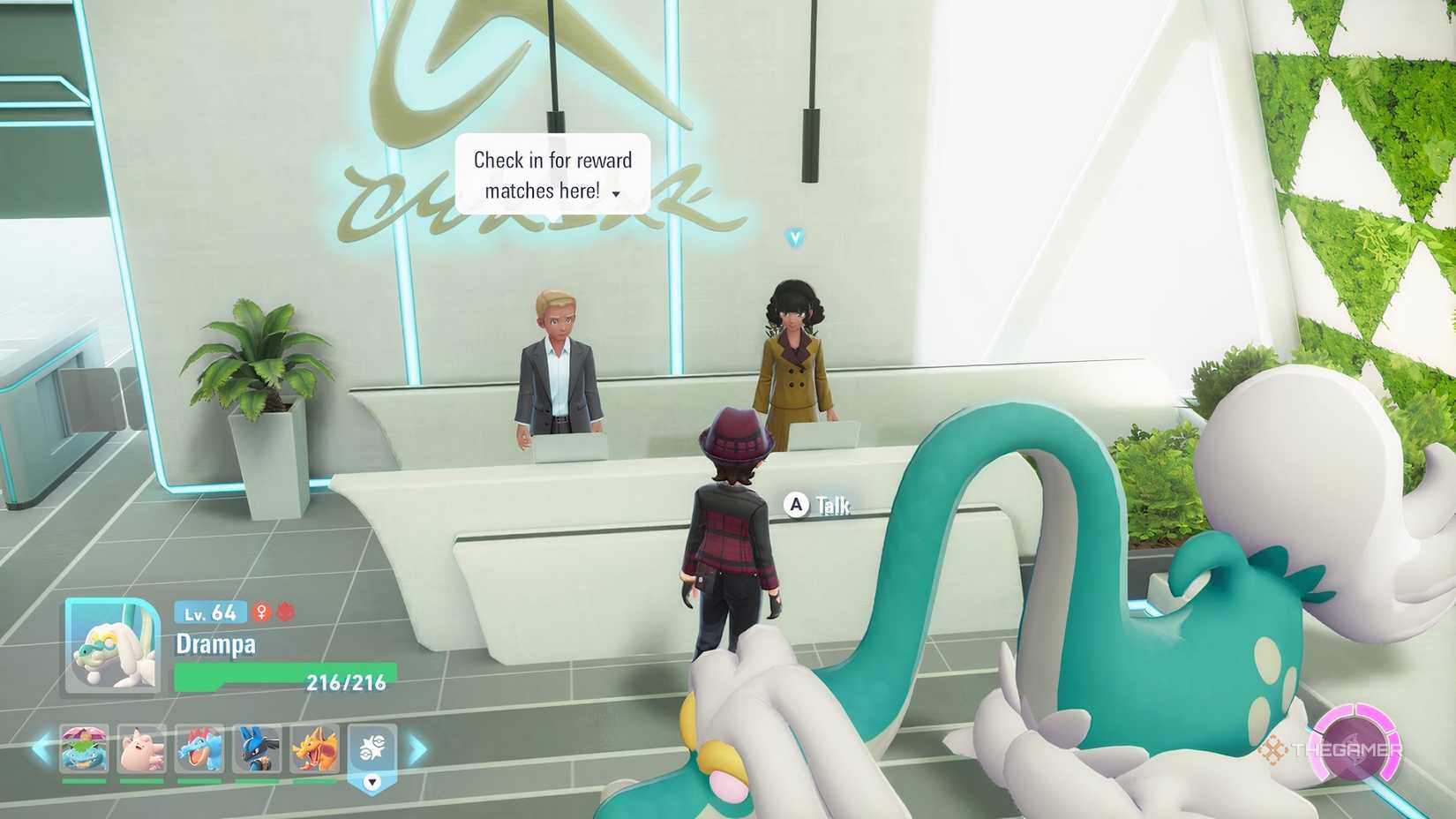 The Pokemon Legends: Z-A protagonist with Drampa, talking to the NPC at Quasartico who can sells the Drampanite Mega Stone.