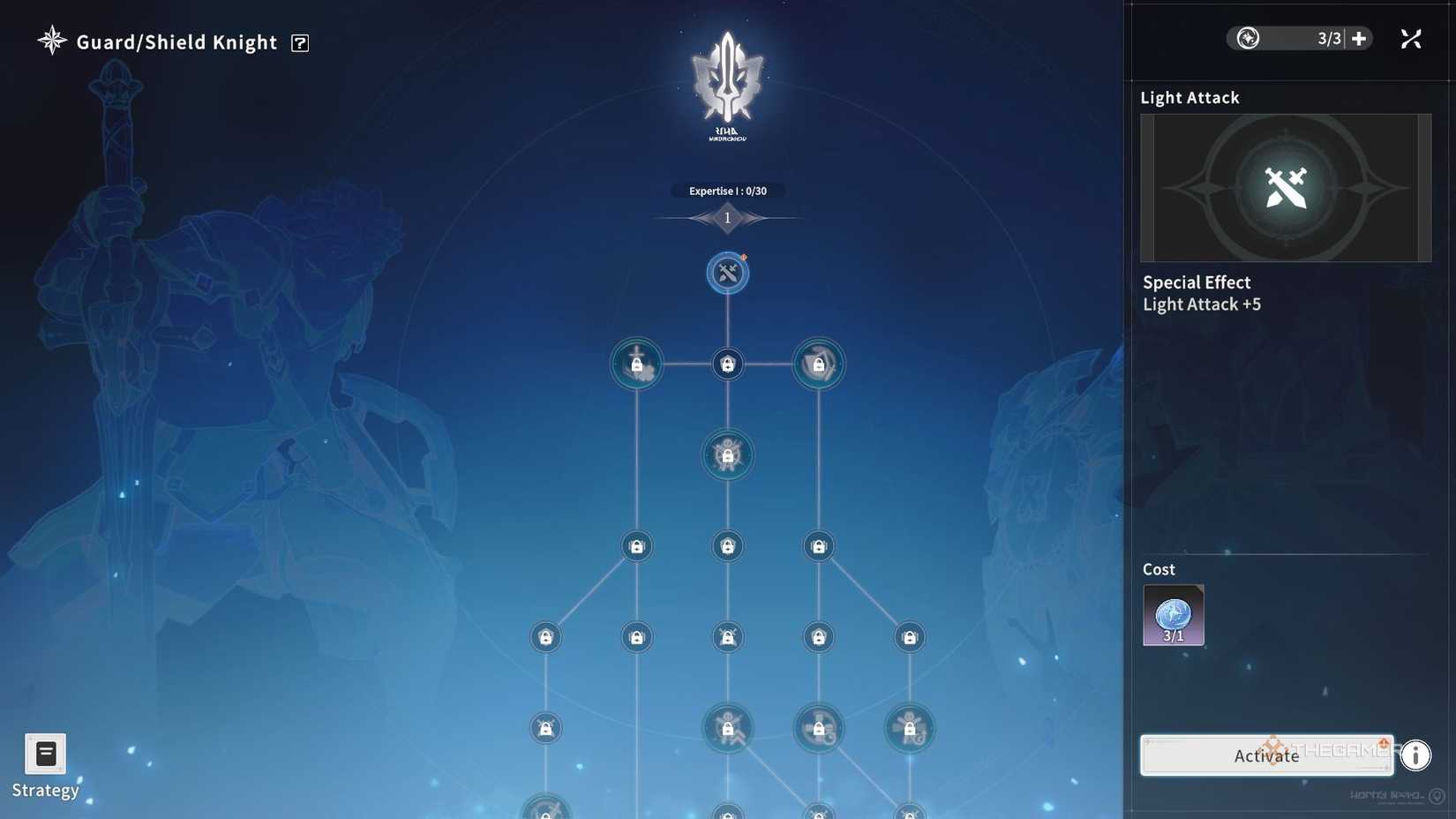 The start of a Shield Knight talent tree in Blue Protocol Star Resonance.