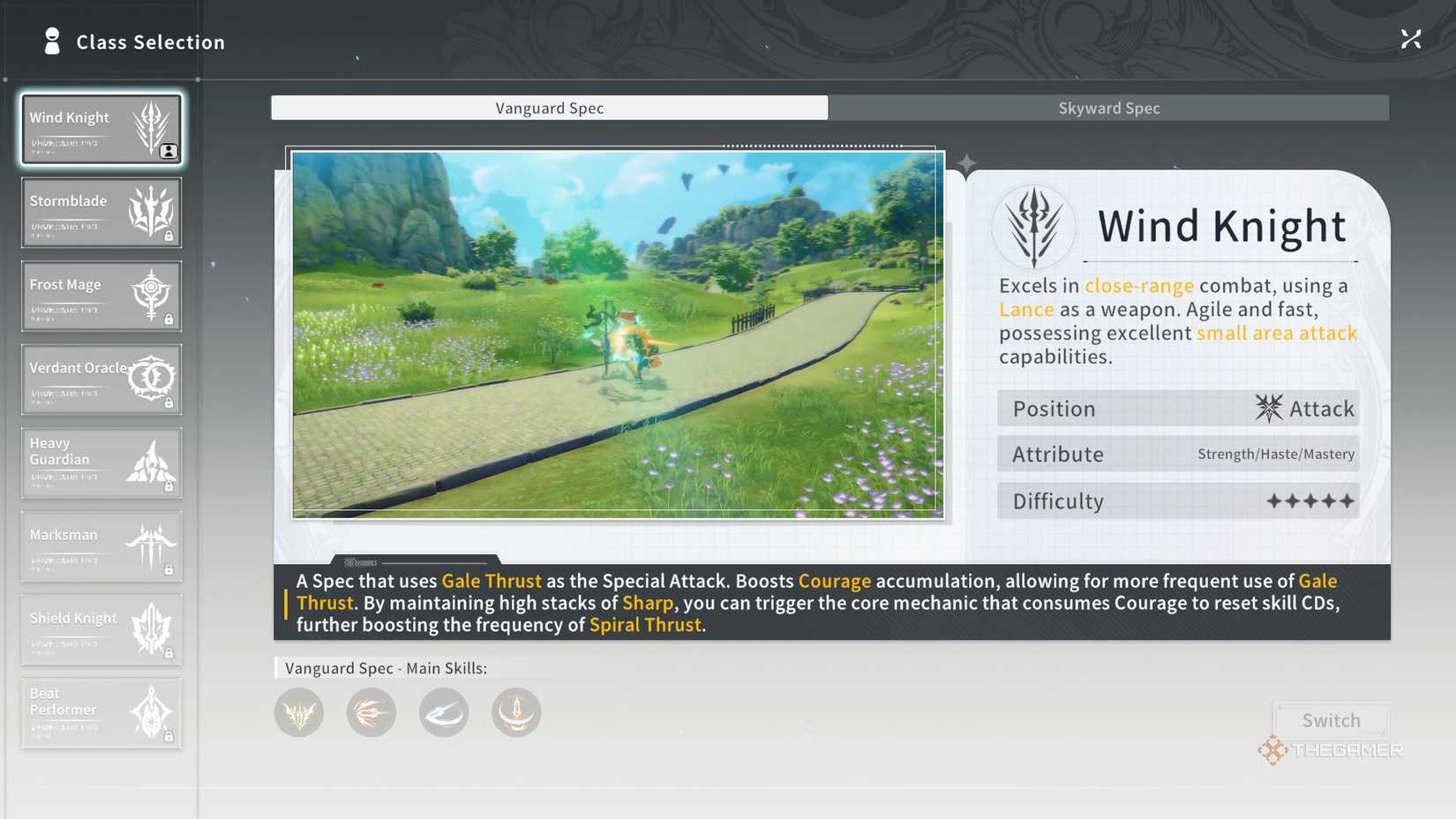 The Vanguard Spec info screen in Blue Protocol Star Resonance.