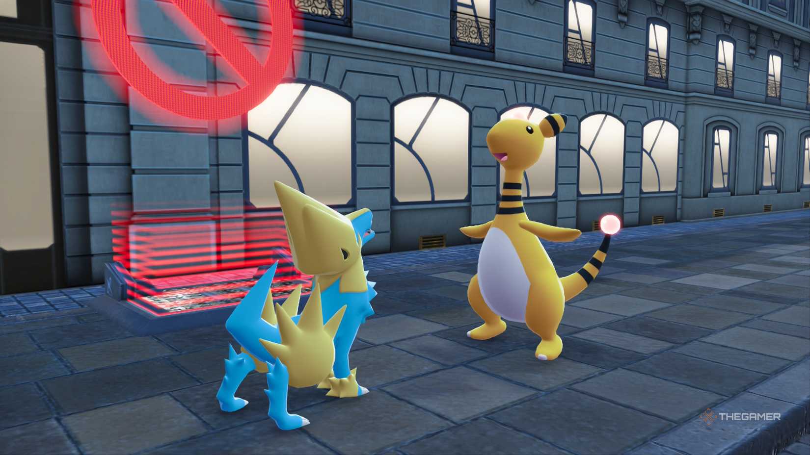 Two Pokemon in front of a locked Holovator in Pokemon Legends Z-A.