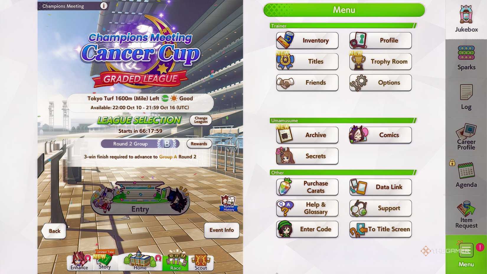 Umamusume Pretty Derby Cancer Cup Champions Meeting Graded League menu.