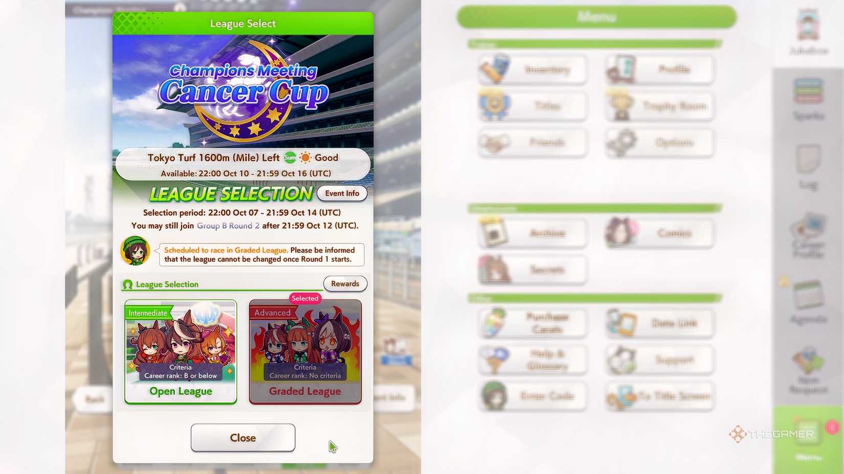 Umamusume Pretty Derby Cancer Cup Champions Meeting league option menu.