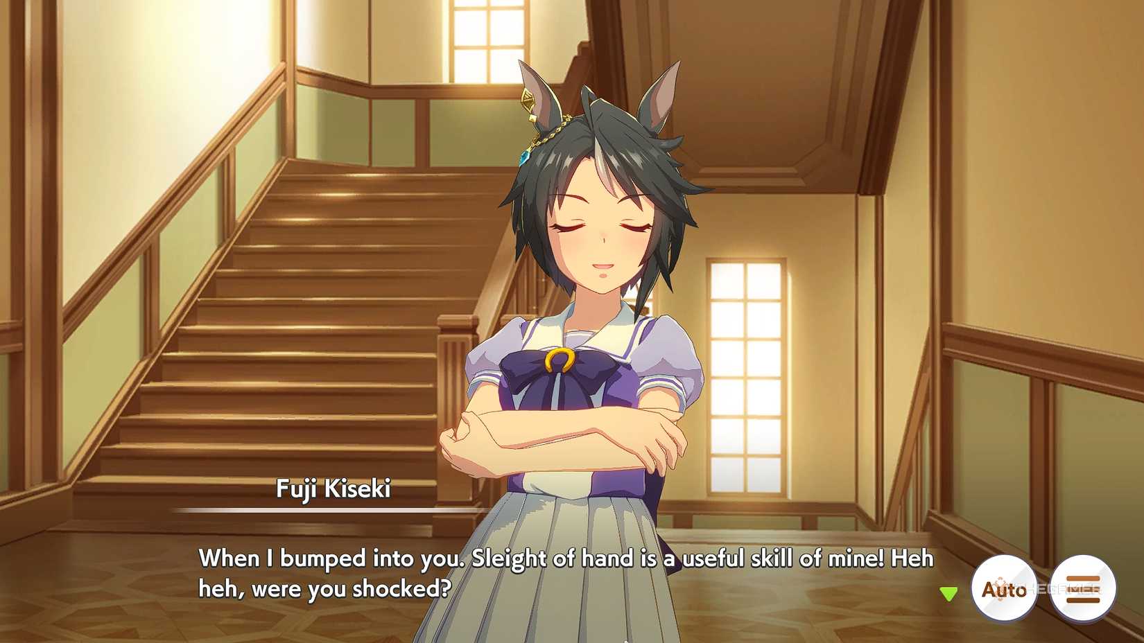 Umamusume Pretty Derby Fuji Kiseki boasting about her sleight of hand skills in the hallway.