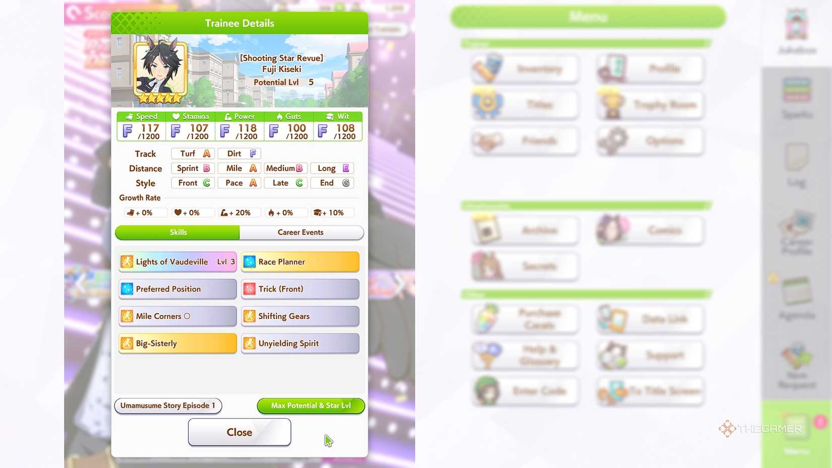 Umamusume Pretty Derby Fuji Kiseki's max potential and skill set on the left.