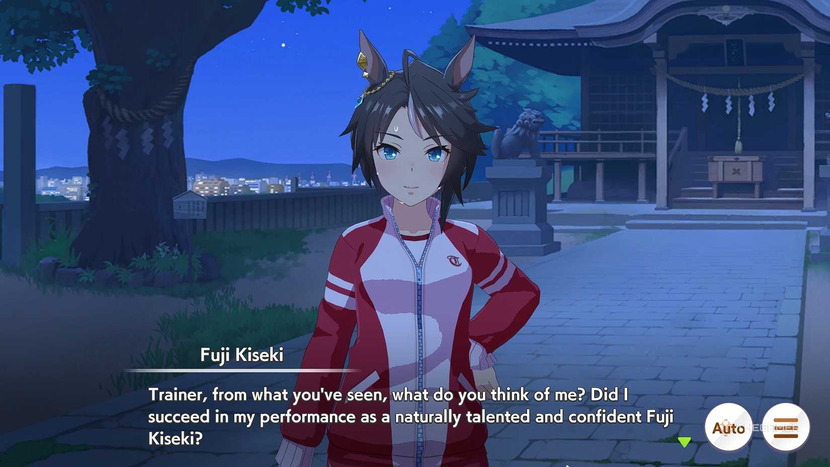 Umamusume Pretty Derby Fuji Kiseki sweating in her track wear at the shrine at night.