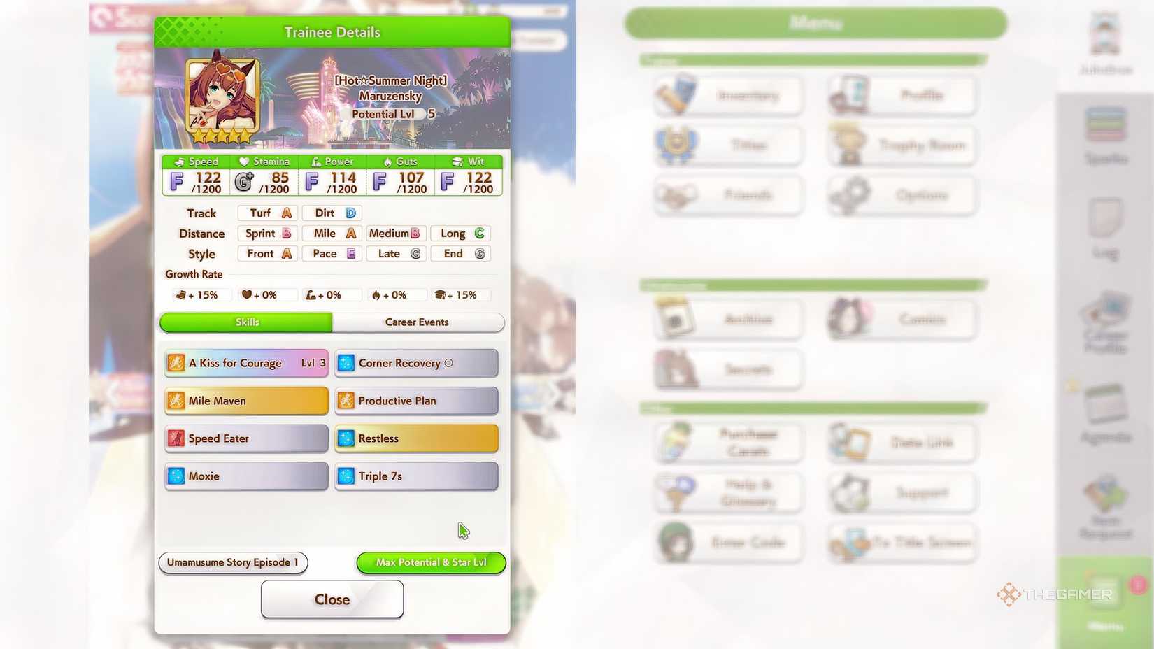 Umamusume Pretty Derby Maruzensky's Hot Summer Night Variant skill and stat menu.