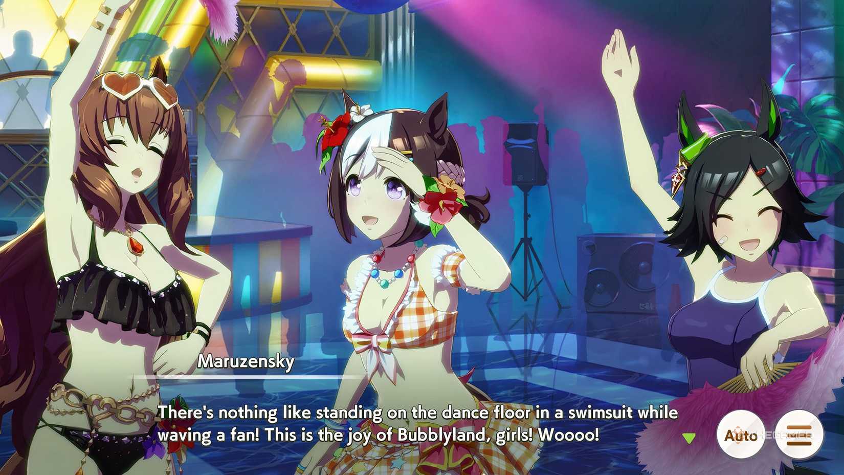 Umamusume Pretty Derby Maruzensky, Special Week, and Winning Ticket dancing at a club in swimsuits.