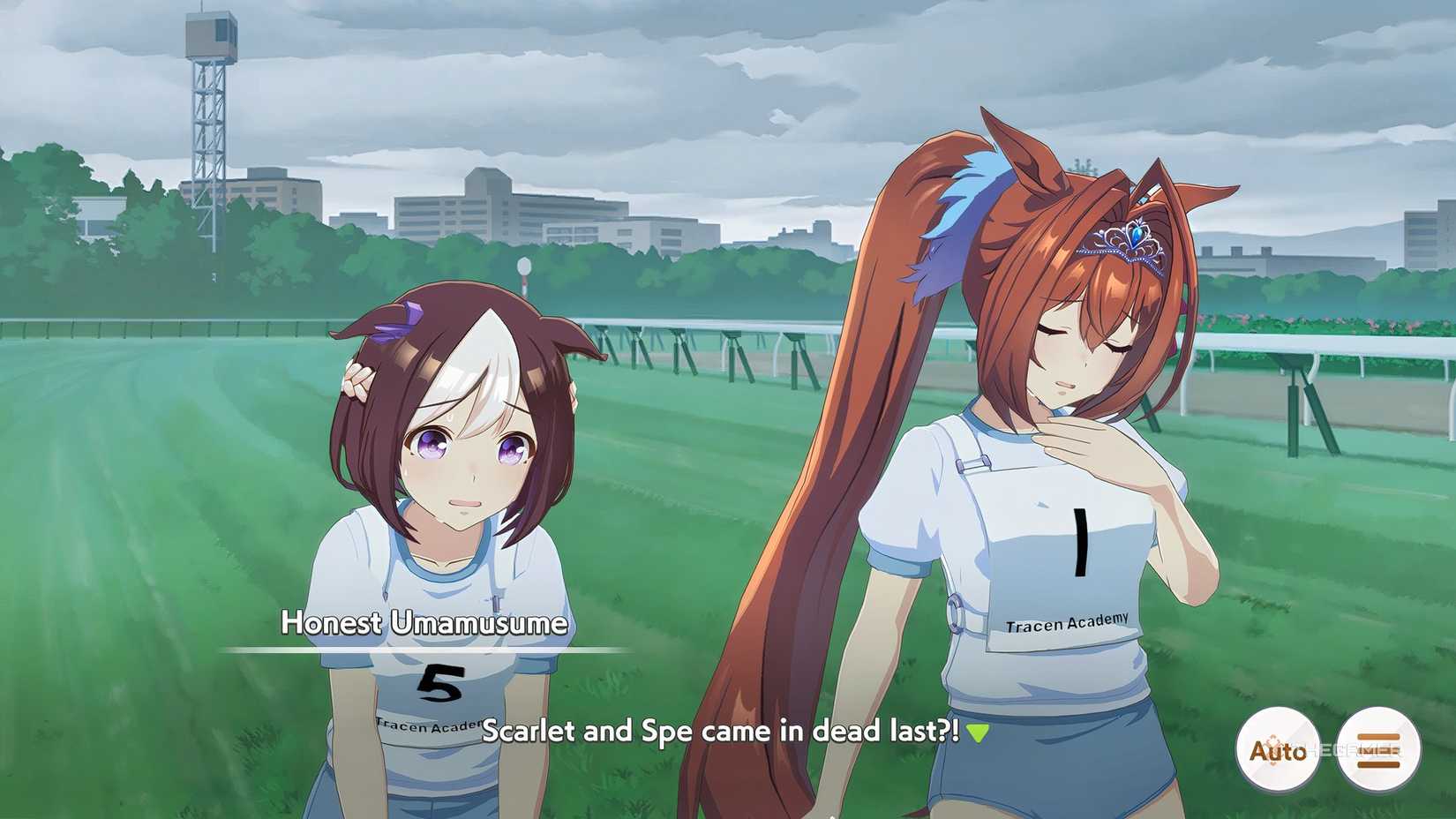 Umamusume Pretty Derby Special Week and Daiwa Scarlet exhausted on the track.