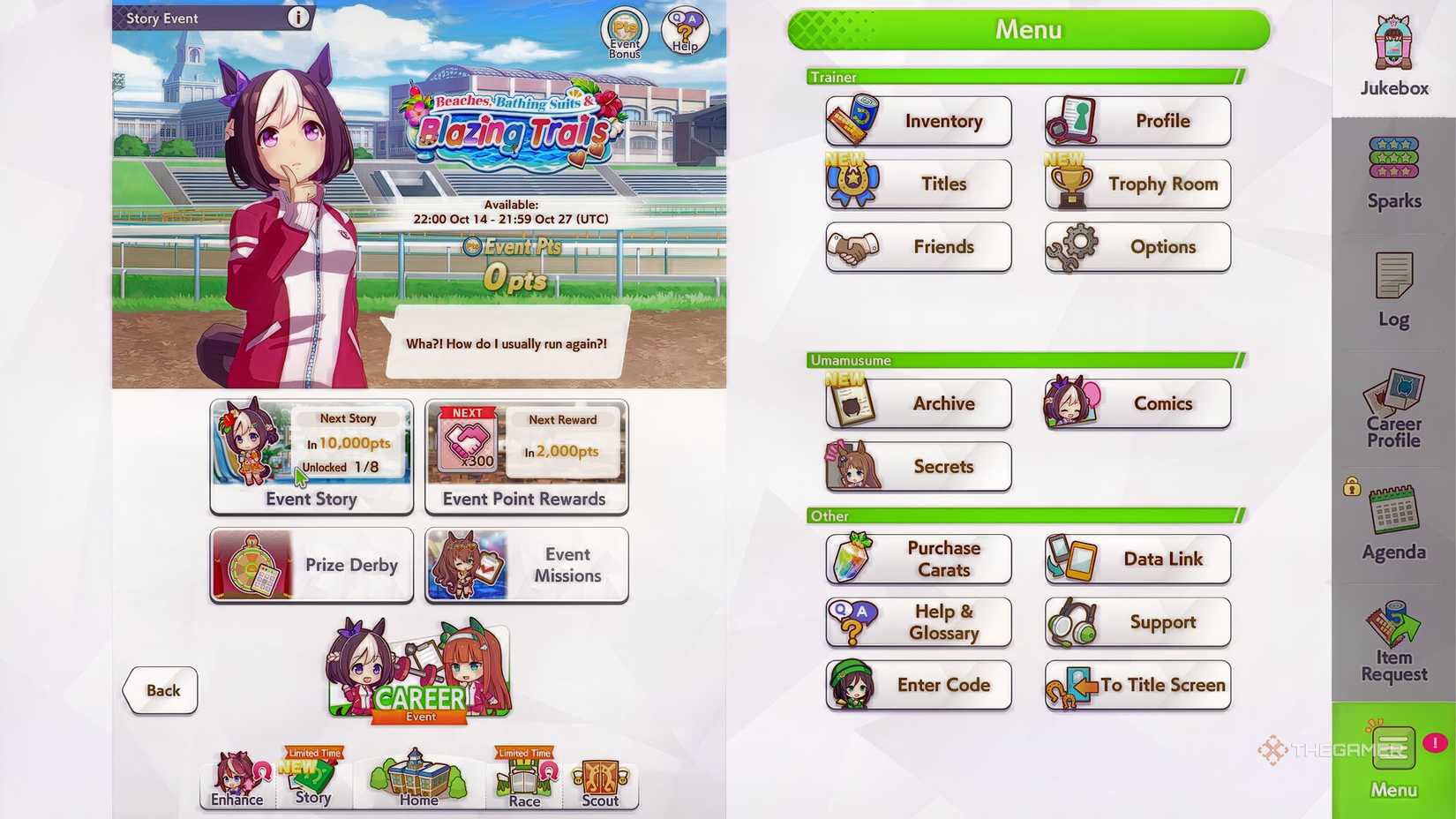 Umamusume Pretty Derby Special Week on the beach event menu in her tracksuit.