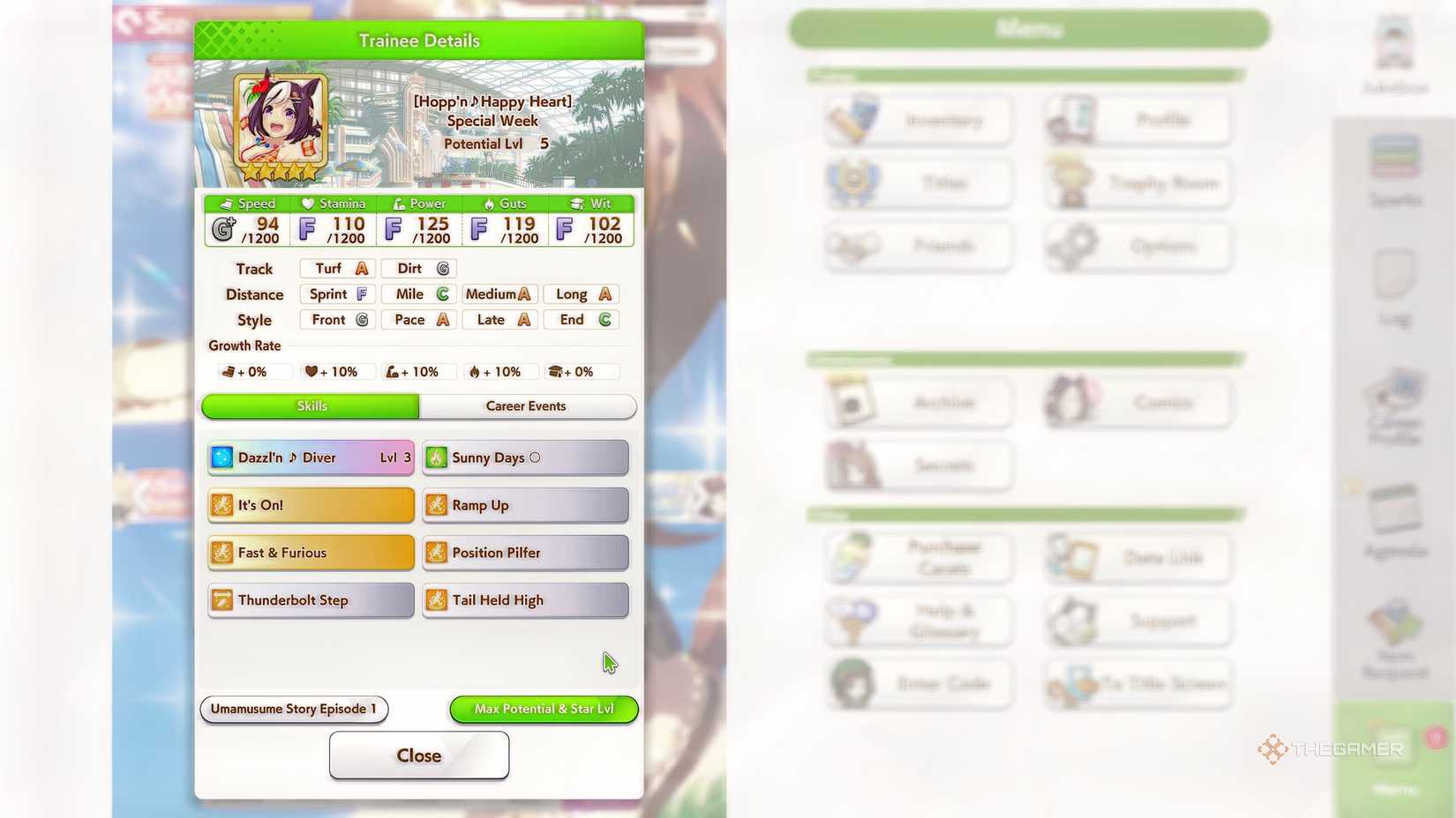 Umamusume Pretty Derby Special Week's beach variant stats and skills.