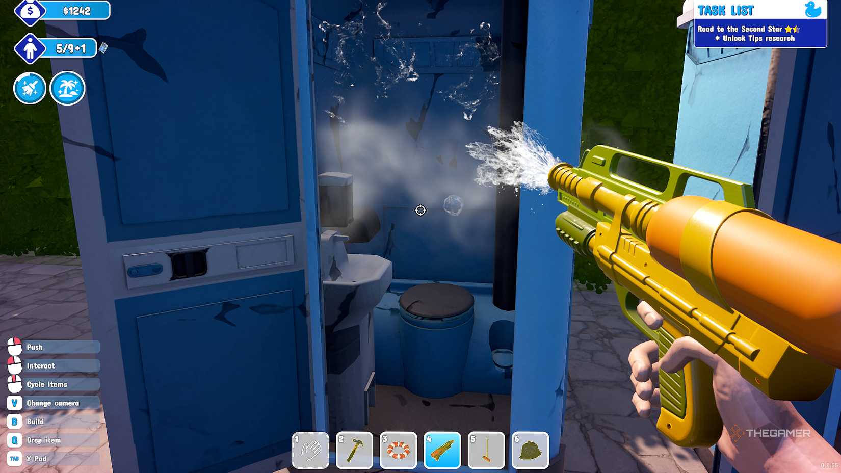Using the Water Gun to clean toilets in Water Park Simulator.