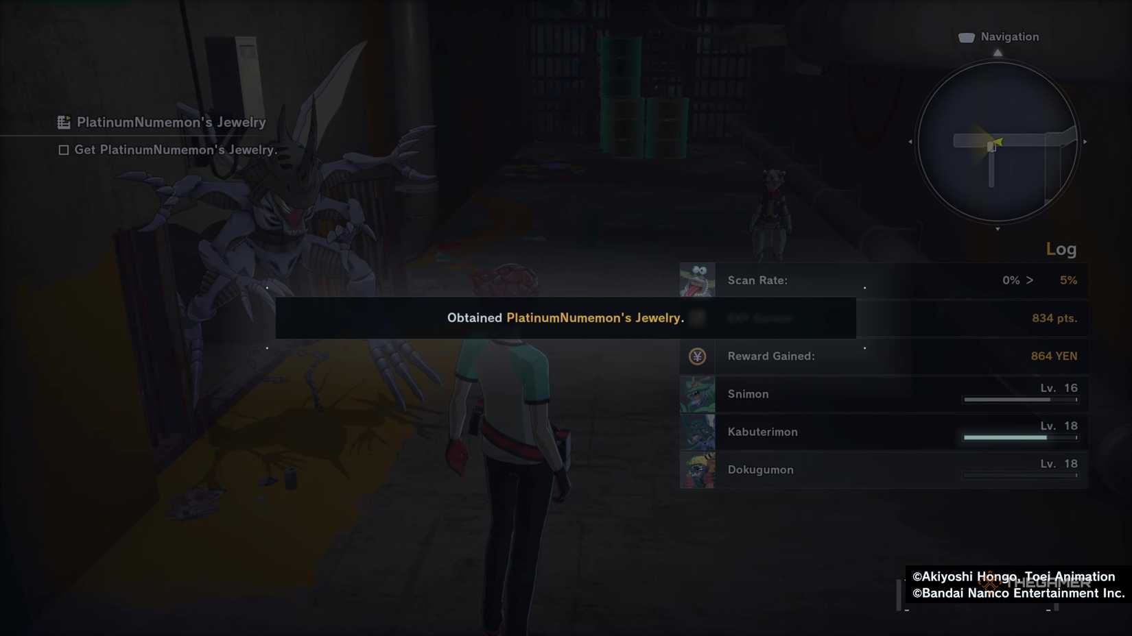 Agent receiving the PlatinumNumemon's Jewelry item after beating them in Spiral Waterway in Digimon Story: Time Stranger.