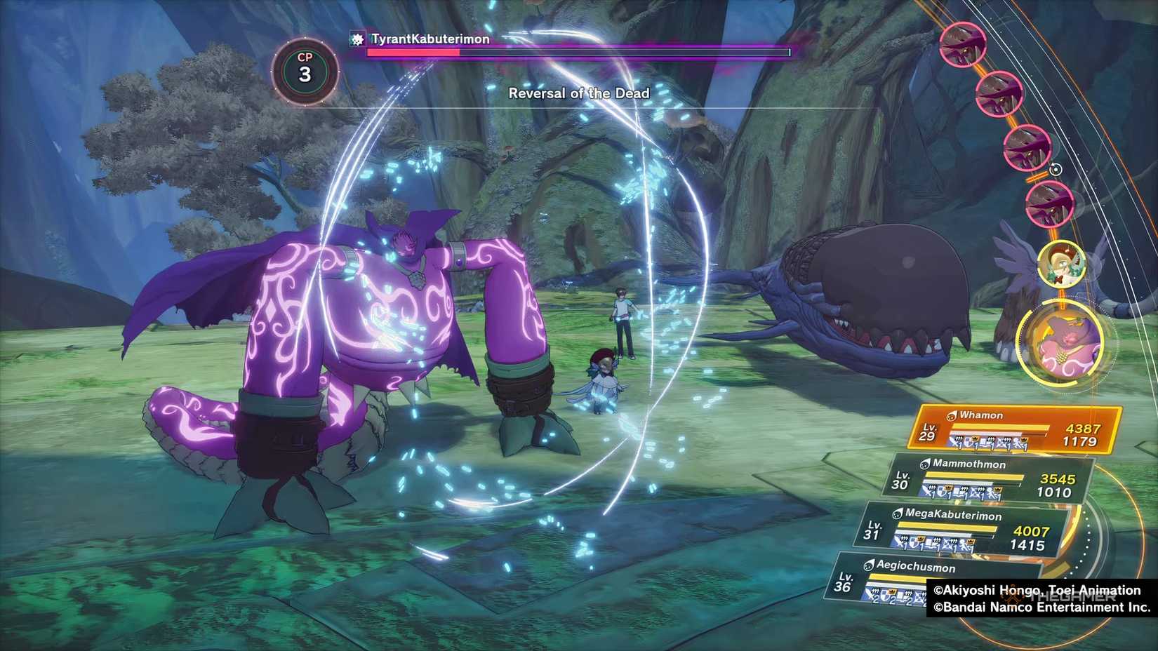 Bacchusmon DM using its signature move Reversal of the Dead against TyrantKabuterimon in Digimon Story: Time Stranger.