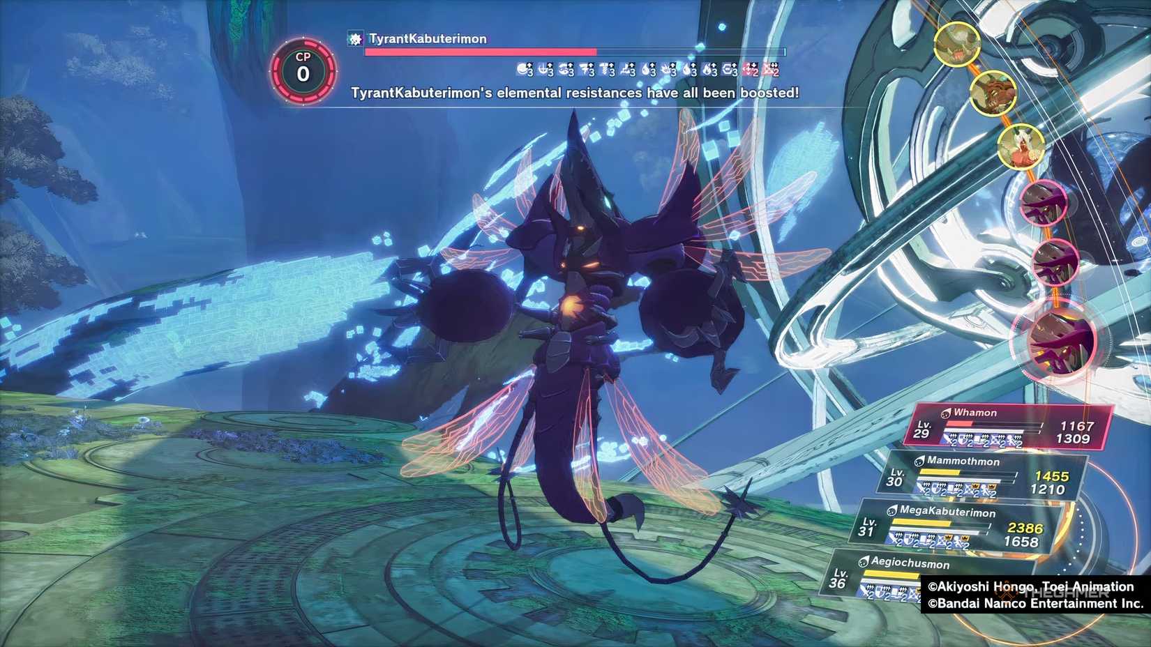 TyrantKabuterimon buffing all its elemental resistances using Tyrant Shield in Digimon Story: Time Stranger.