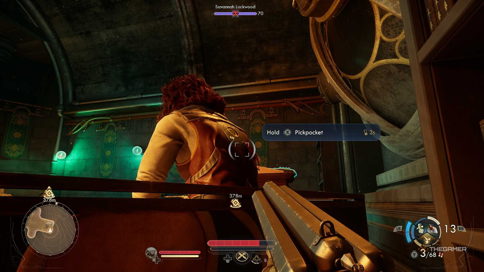 Player behind Savannah ready to pickpocket her in The Outer Worlds 2.