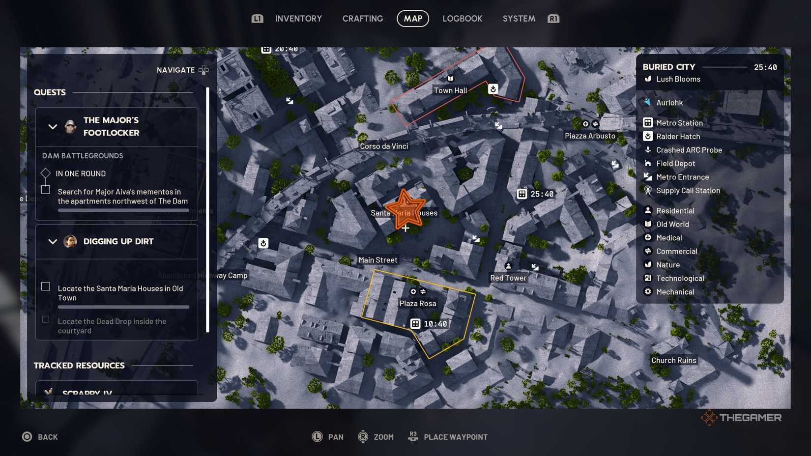 Map of southern Buried City with an orange star edited onto the Santa Maria Houses in Arc Raiders.