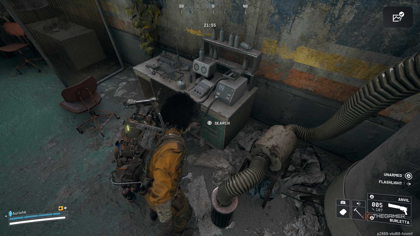 Player raider searching through a desk with lab equipment on it and blue drawers in Arc Raiders.