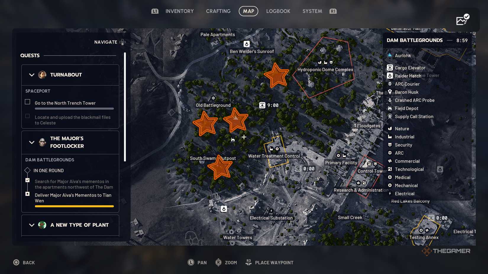 Map of the swamp region of Dam Battleground with four orange stars edited onto Great Mullein locations in Arc Raiders.