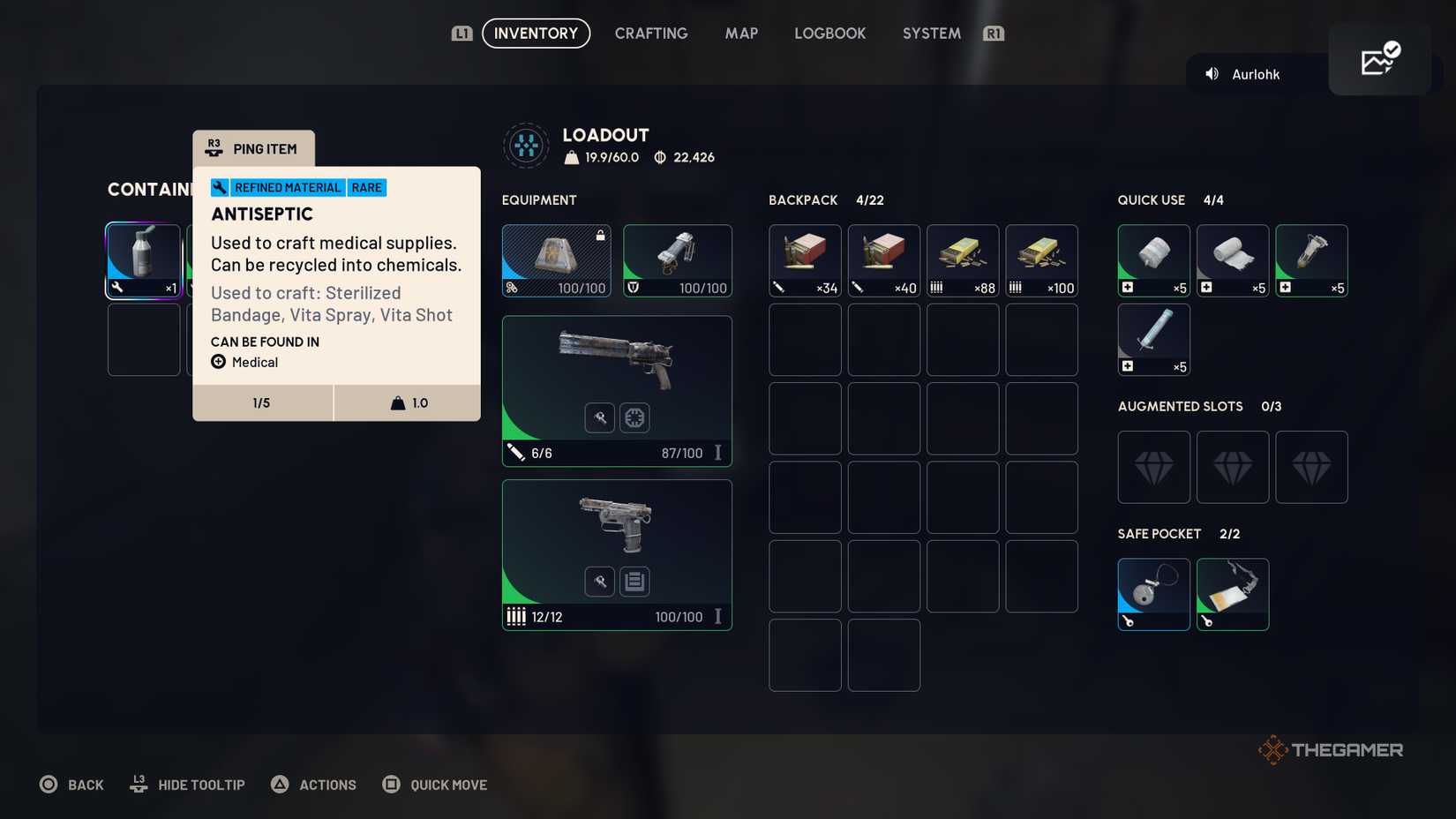 Container and inventory UI showing an Antiseptic being found and its description in Arc Raiders.