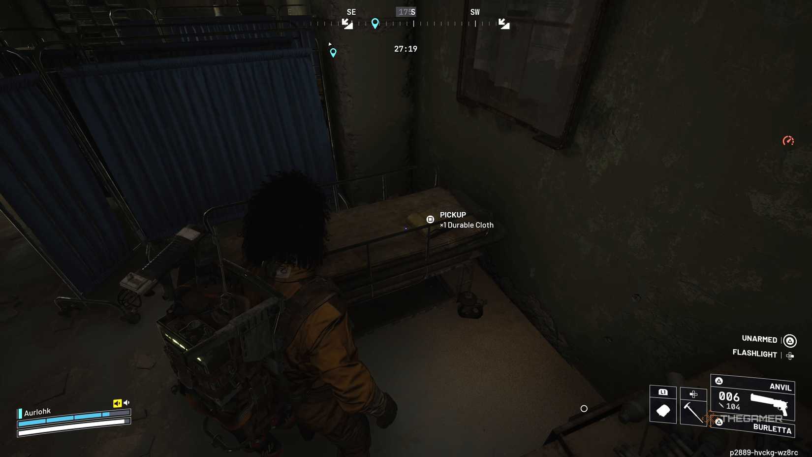 Player raider looking at a Durable Cloth sitting on a medical bed in the Hospital on Buried City in Arc Raiders.