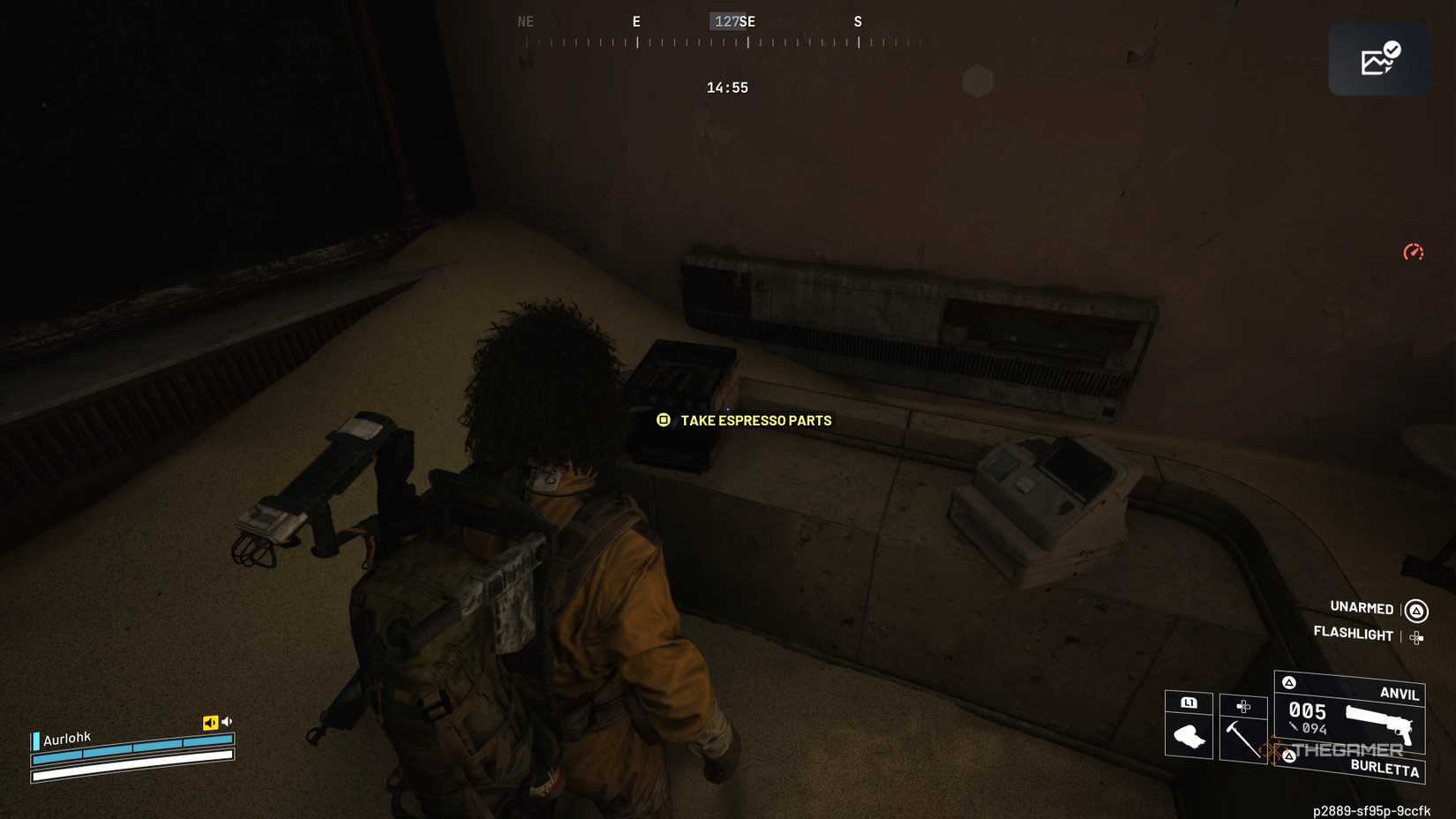 Player raider standing next to a broken espresso machine with a quest interact prompt floating in Arc Raiders.