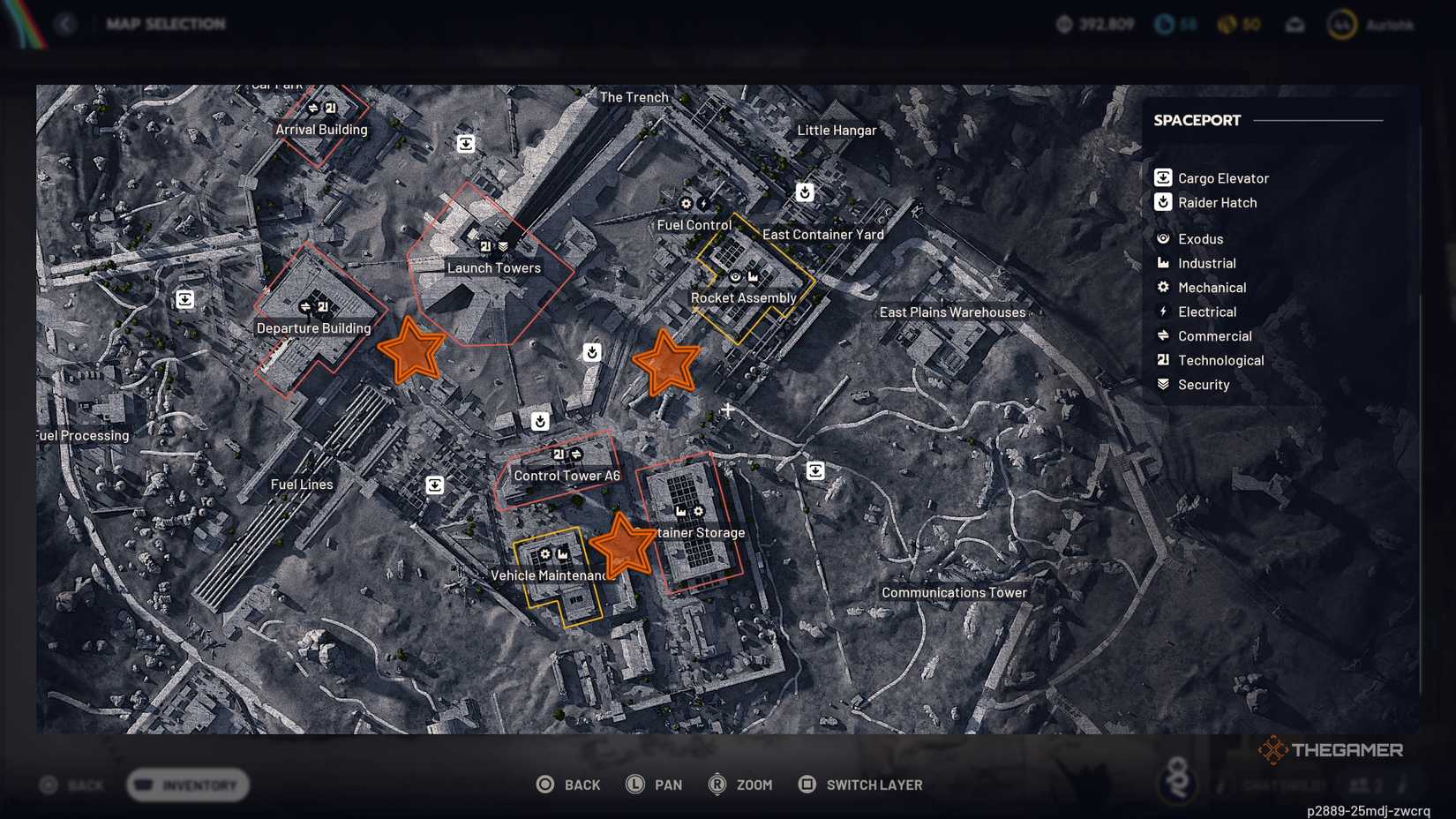 Map of southeastern Spaceport with three orange stars edited onto common Bastion locations in Arc Raiders.