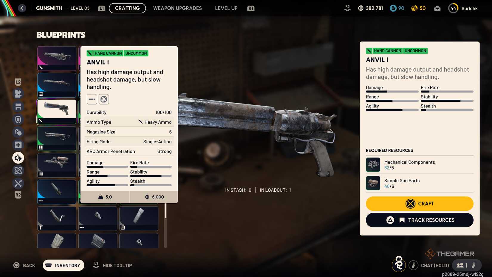 Crafting menu UI for the Gunsmith showing the recipe for an Anvil in Arc Raiders.