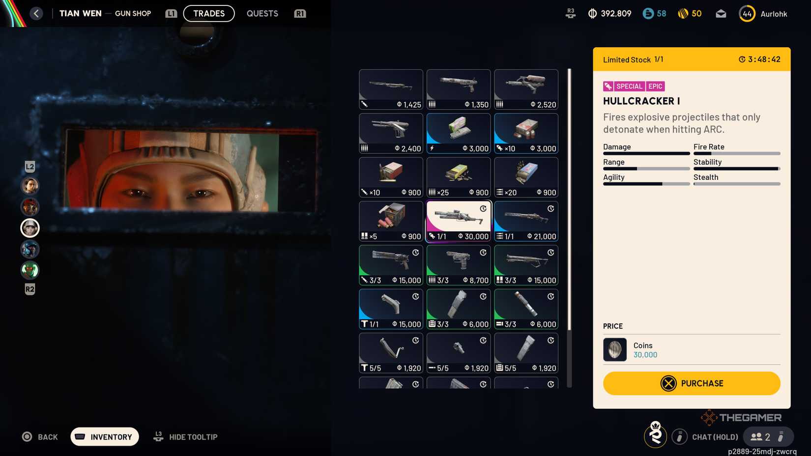 UI for Tian Wen's shop showing a player about to purchase a Hullcracker from her in Arc Raiders.