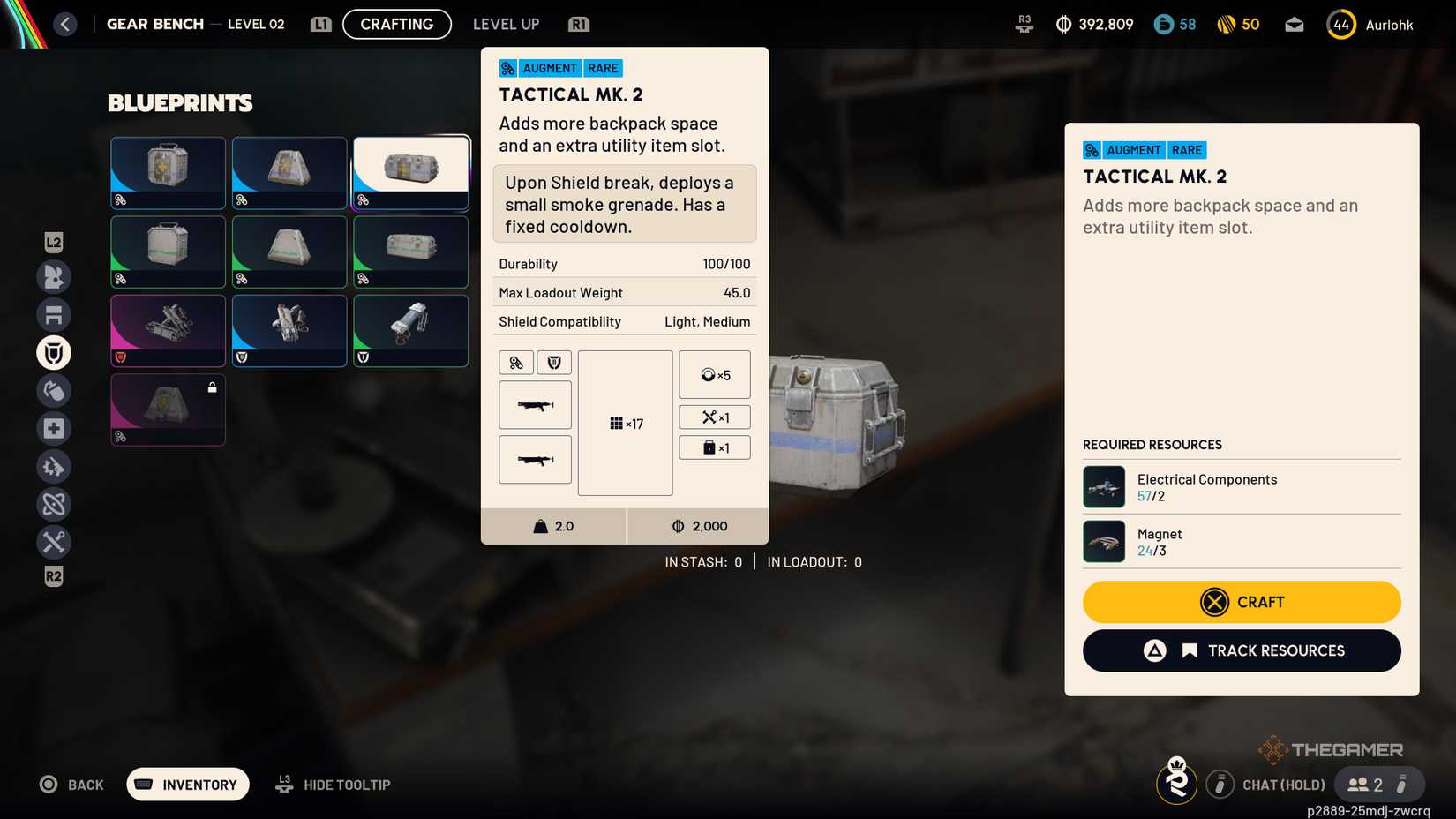 Crafting UI for the Gear Bench showing the Tactical MK. 2 and its ability and stats in Arc Raiders.