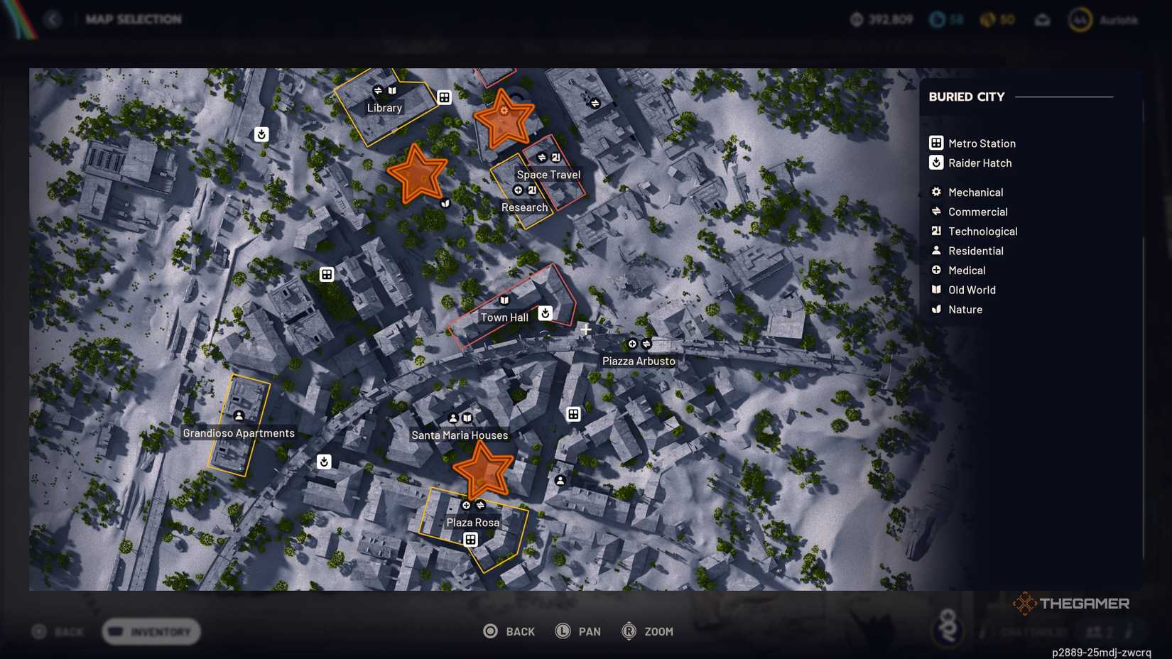 Map of central Buried City showing three orange stars edited onto Bombardier locations in Arc Raiders.