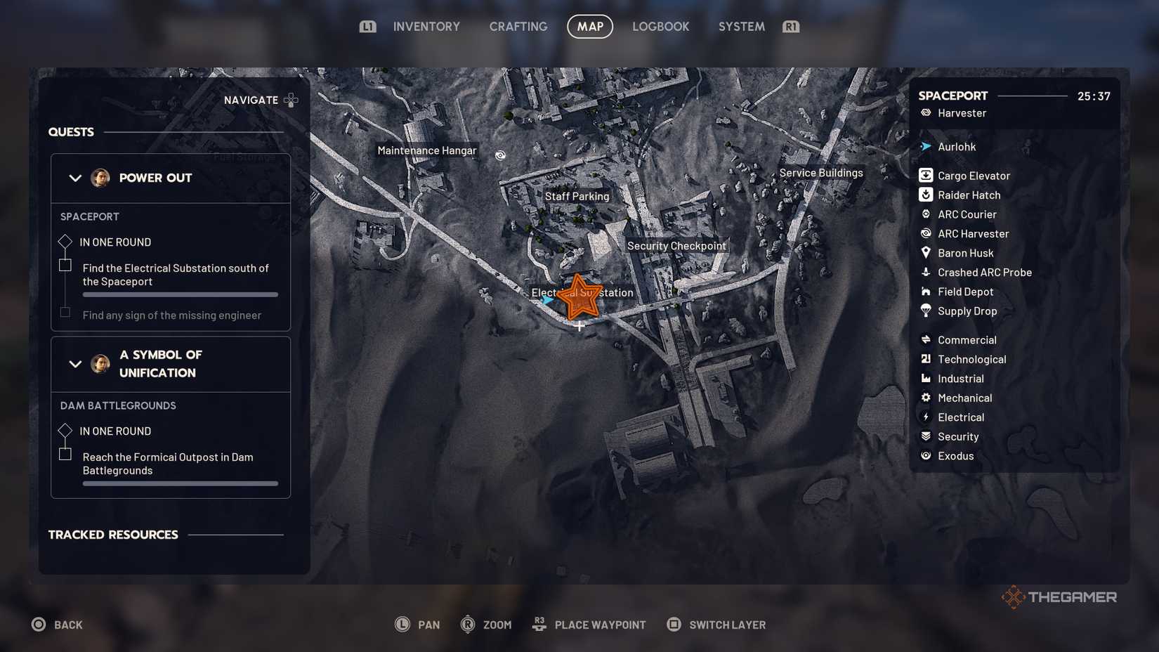 Map of southeastern Spaceport with an orange star edited onto the Electrical Substation location in Arc Raiders.