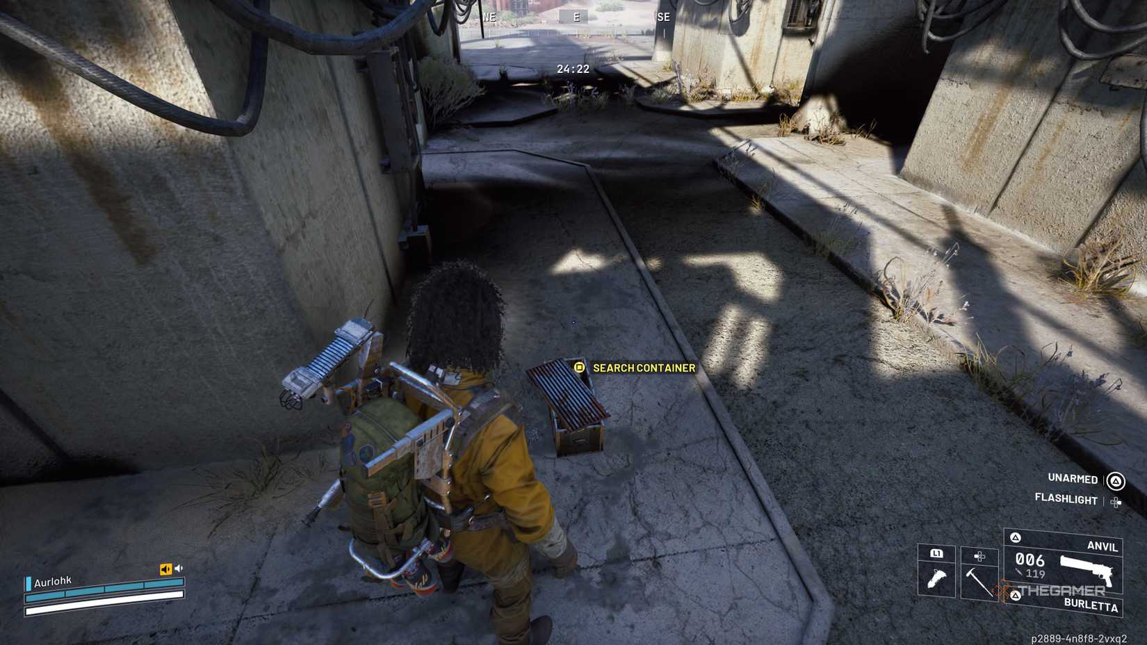 Player raider standing by a container with a yellow search prompt above it in the Spaceport Electrical Substation in Arc Raiders.