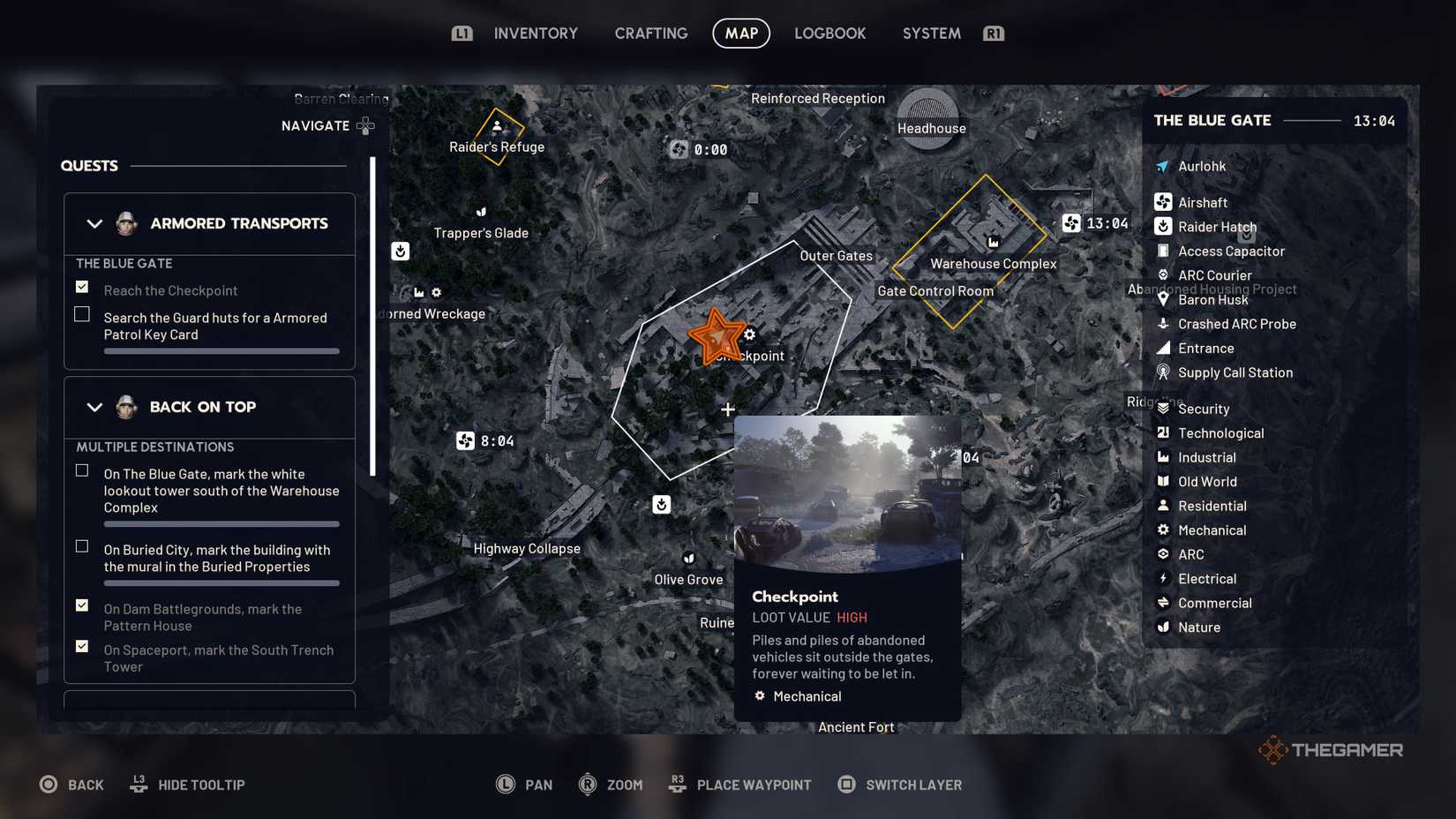 Close up of the map of central Blue Gate with an orange star edited onto the Guard Shack's location in Arc Raiders.