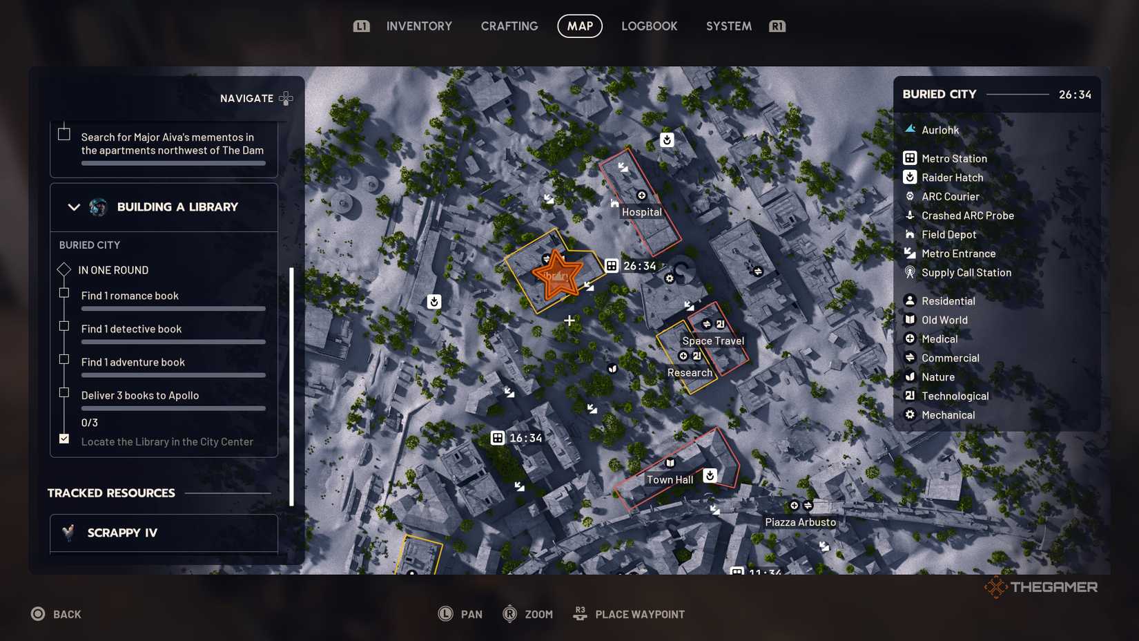 Map of central Buried City with an orange star edited onto the Library location in Arc Raiders.