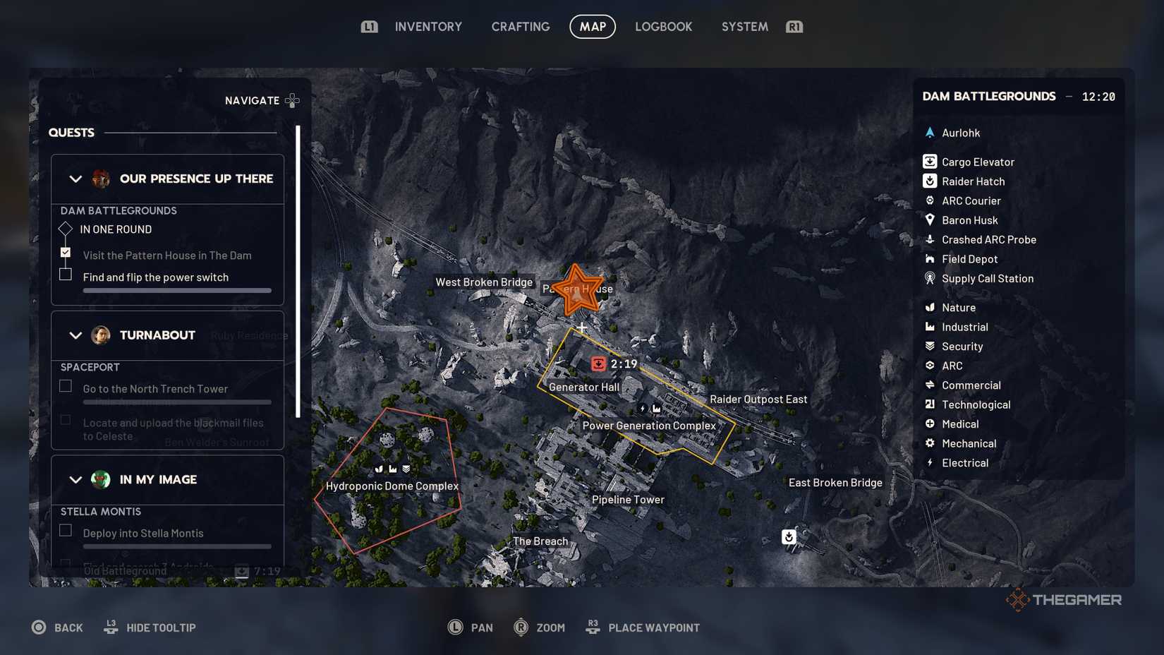 Close up of a map of the northern edge of Dam Battlegrounds with an orange star edited onto the Pattern House's location in Arc Raiders.