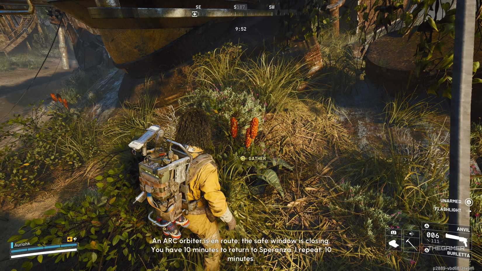Player raider about to gather a sample from a red-orange plant beneath a Baron Husk in Arc Raiders.