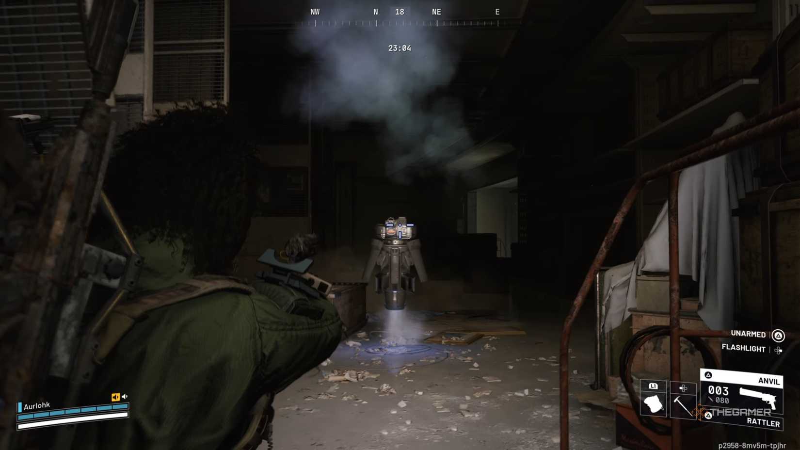 Player raider aiming at a hostile Shredder that is floating towards them in the dark in Arc Raiders.