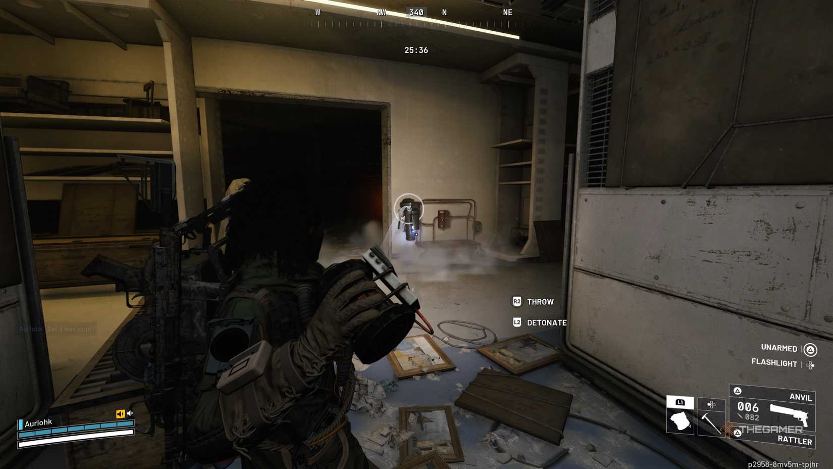 Player raider throwing a Trigger Nade at a Shredder in the Cultural Archives in Arc Raiders.