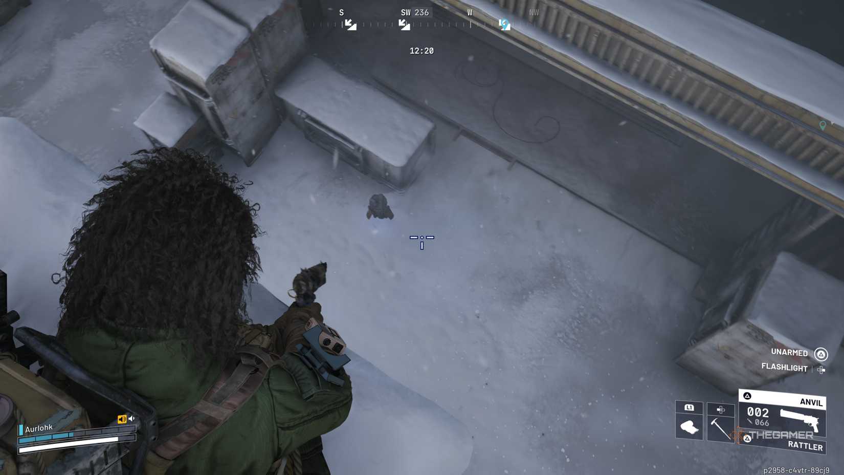 Player aiming at a Shredder from on top of a snow-covered platform in Arc Raiders.